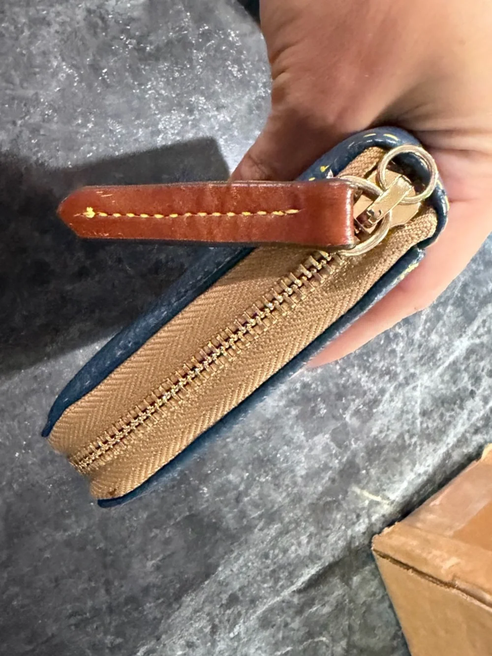 Dooney & Bourke Navy Pebbled Leather Zip Wallet with Brown Patch - Picture 3 of 11